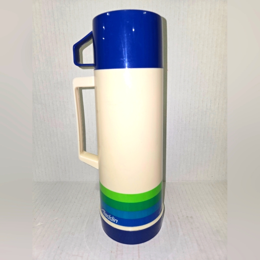 Vintage Aladdin Pint Thermos Blue Green & Cream Cup No 223 Stopper No 30